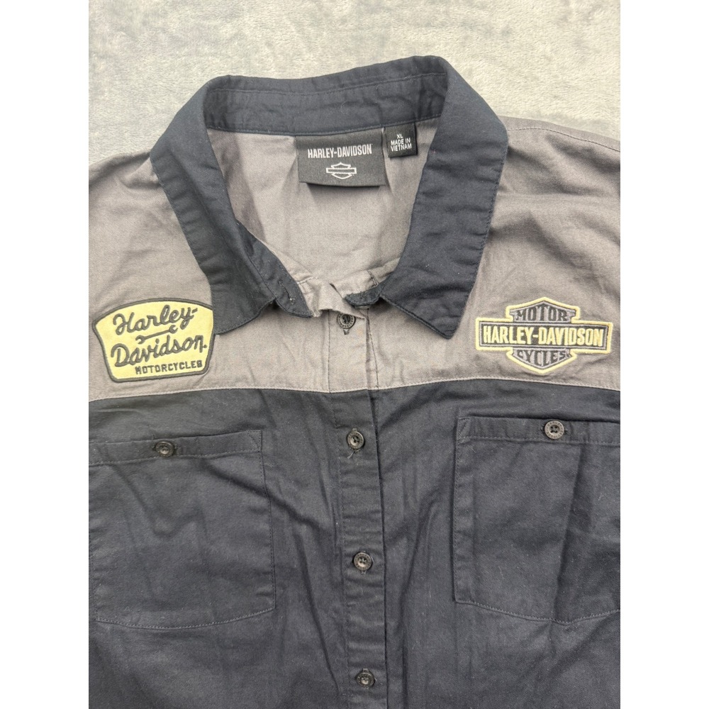 Harley Davidson Shirt women Button Up Two Tone Black Grey Embroidered Patches XL - Picture 5 of 9